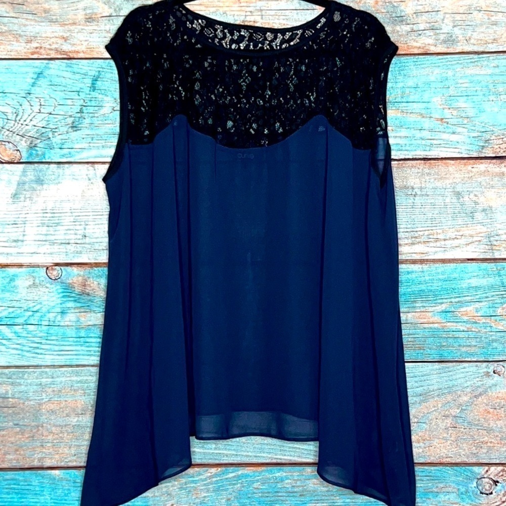 ASOS‎ Curve Lace Top 16 Dressy Blouse Black Blue Sleeveless Semi Sheer Pleated